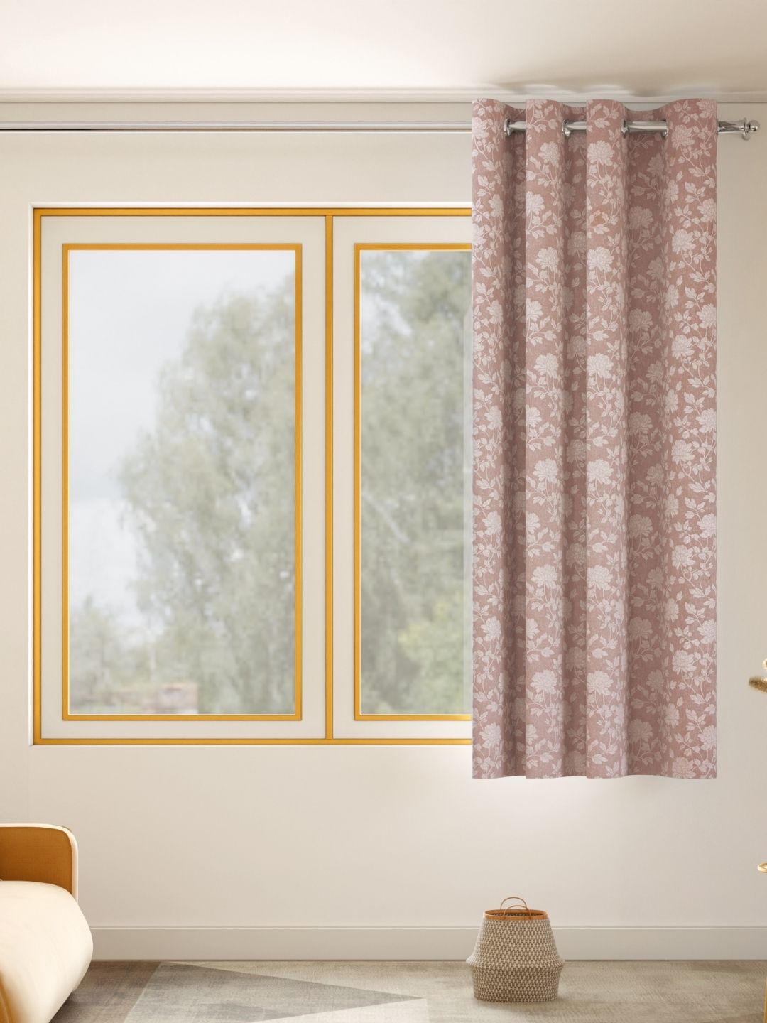 haus & kinder Chateau Rose Pink & White Floral Printed Room Darkening Window Curtain-image-4