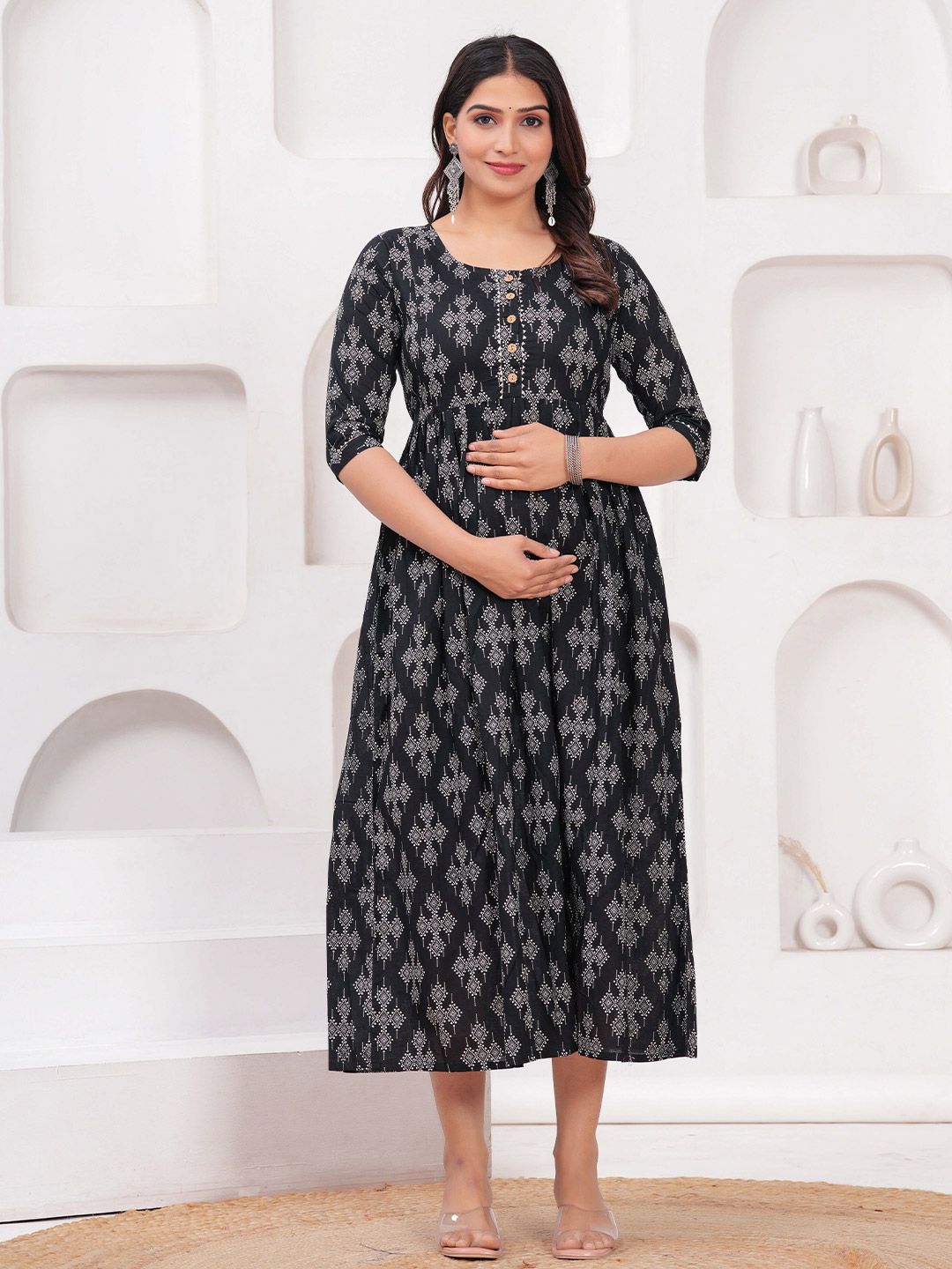 mad fury Women Geometric Print Maternity A-Line Midi Dress