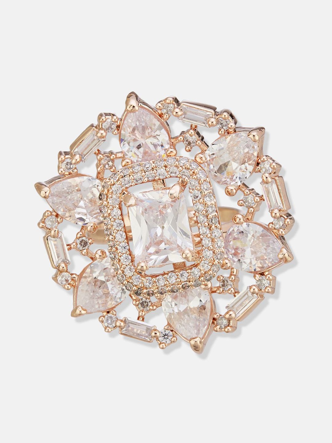 ATIBELLE Set Of 2 Rose Gold-Plated Cubic Zirconia Studded Fusion Finger Ring