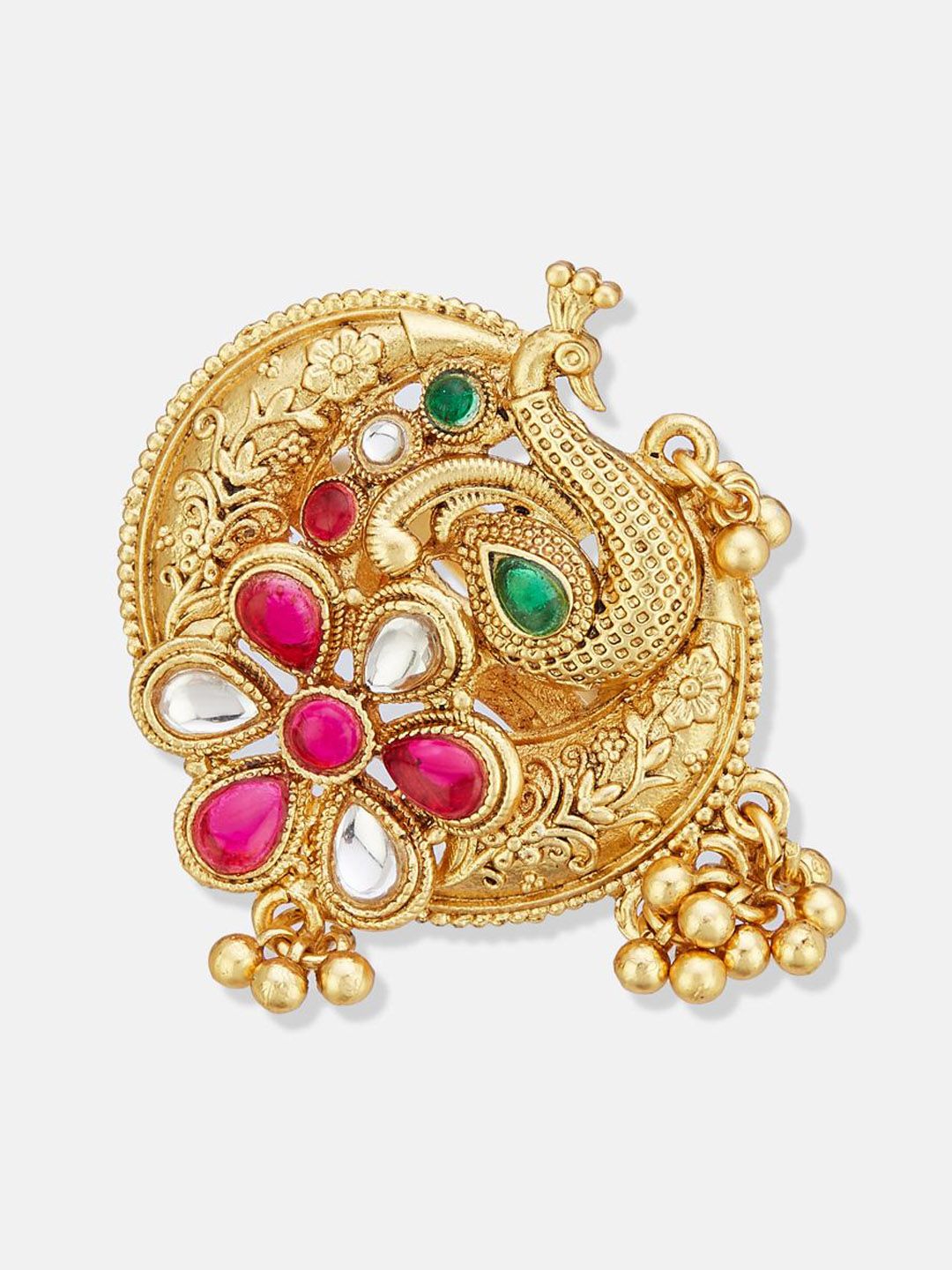 ATIBELLE Set Of 2 Gold-Plated Stone Studded & Beaded Peacock Shaped Finger Rings