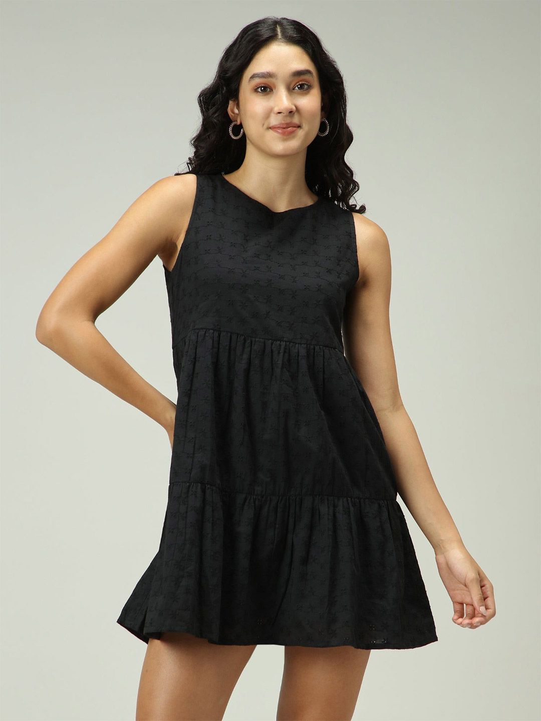 Outzidr Women Mini Tiered Schiffli Dress
