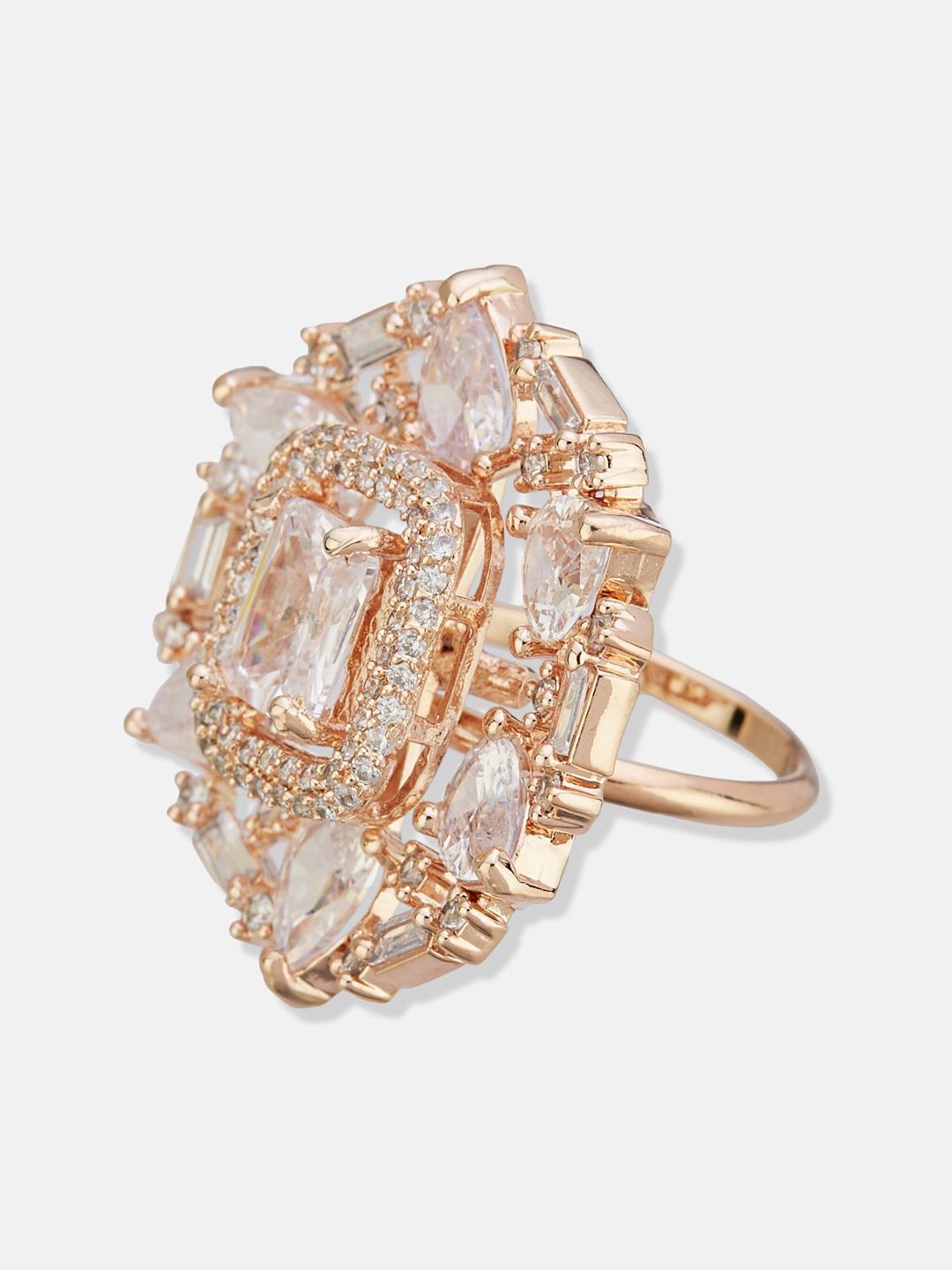 ATIBELLE Set Of 2 Rose Gold-Plated Cubic Zirconia Studded Fusion Finger Ring