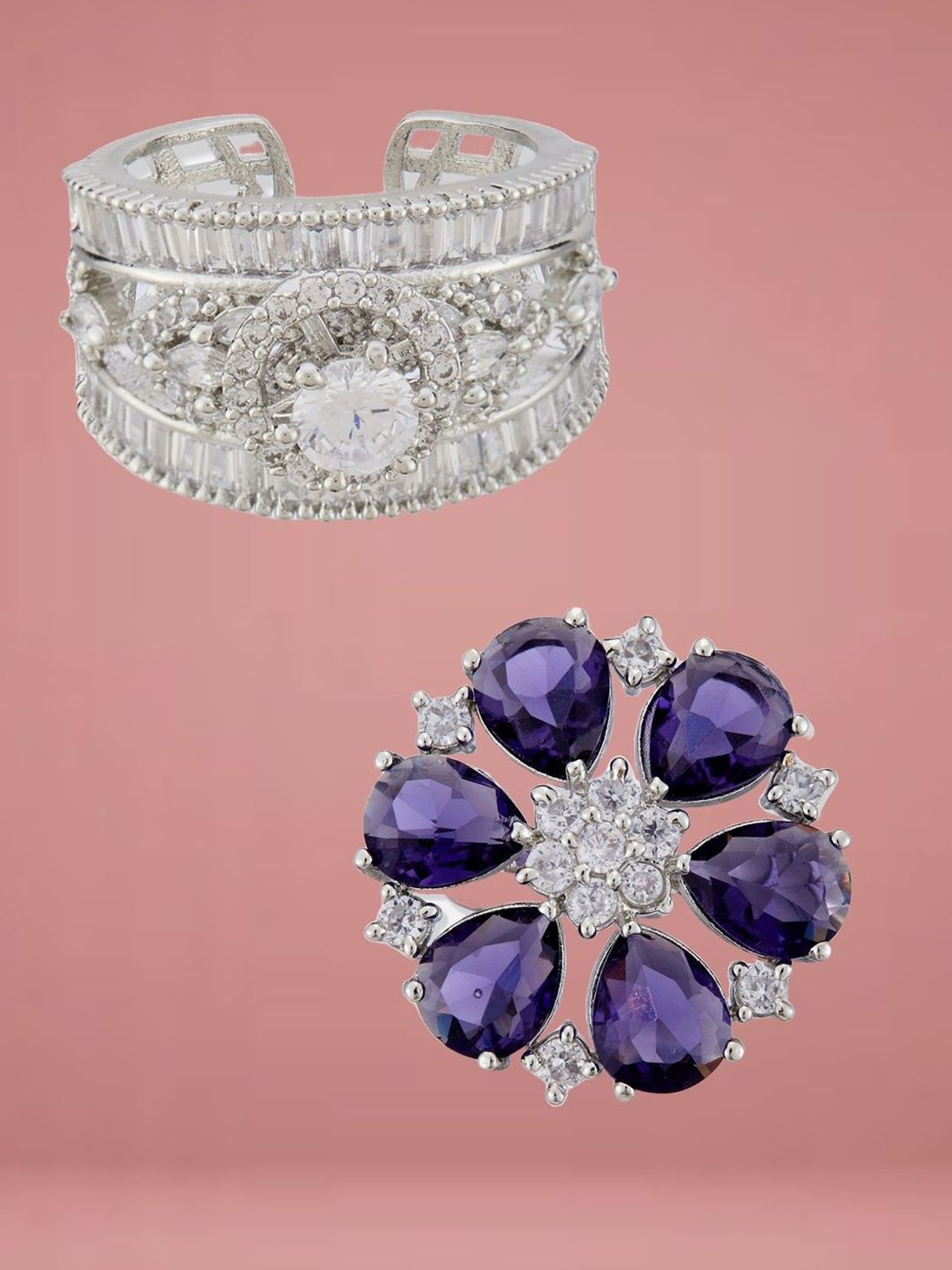 ATIBELLE Set Of 2 Silver Plated CZ Studded Finger Ring