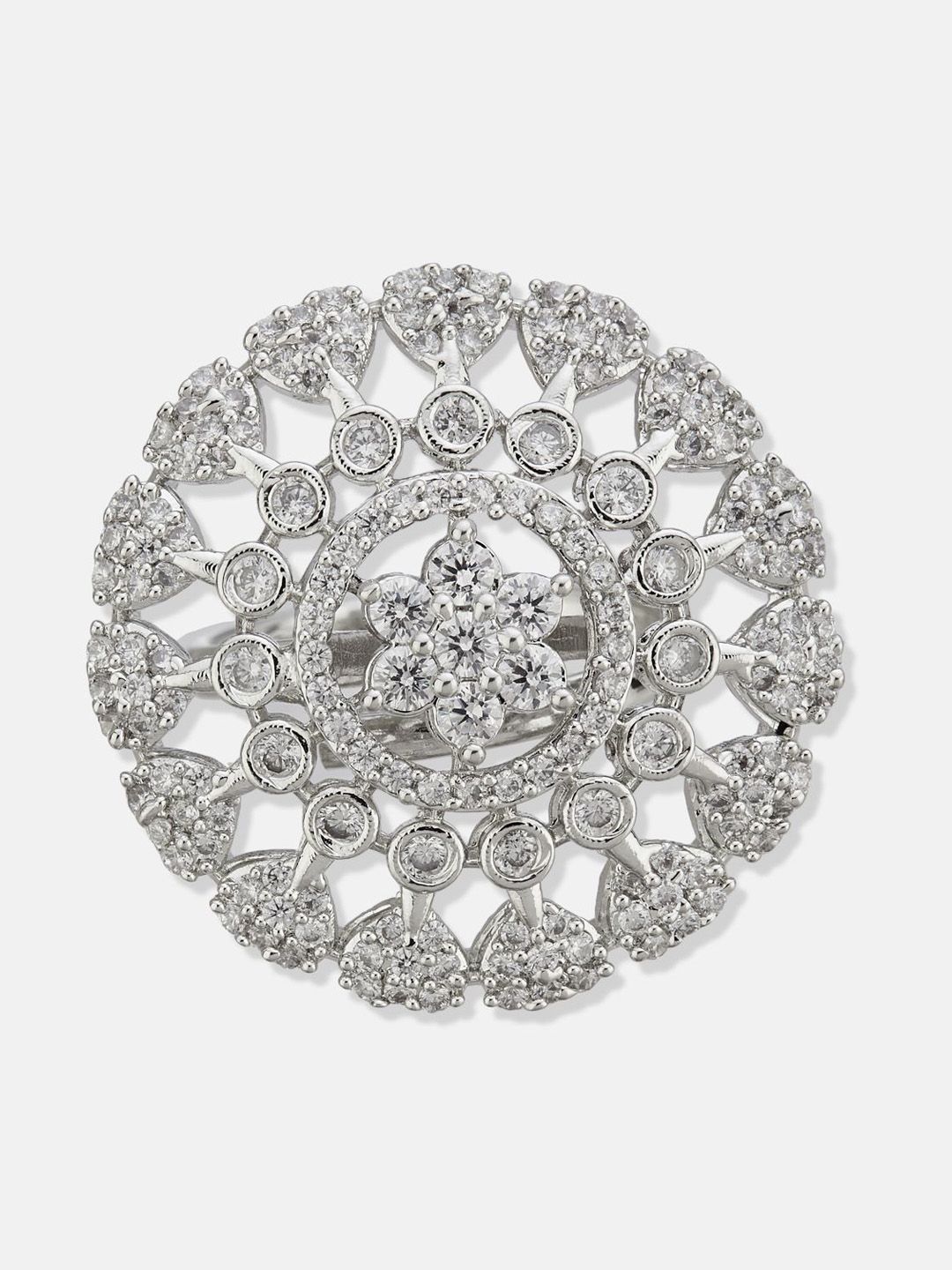 ATIBELLE Set Of 2 Silver-Plated Cubic Zirconia Studded Floral-Shaped Finger Rings