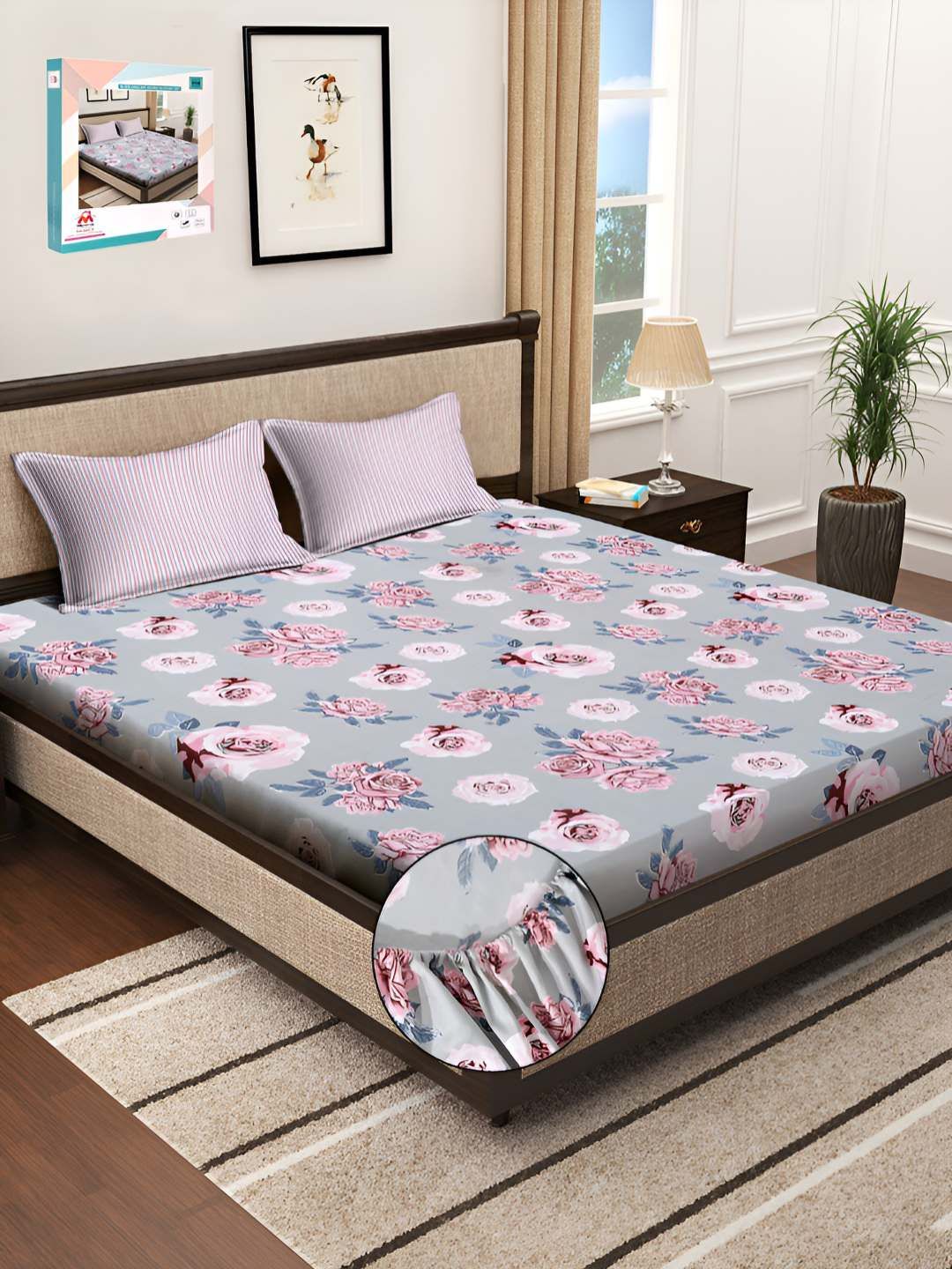 Myntra Elegant Homes Grey & Pink Floral Printed Fitted 300 TC Super King Bedsheet With 2 Pillow Cover-picture-16