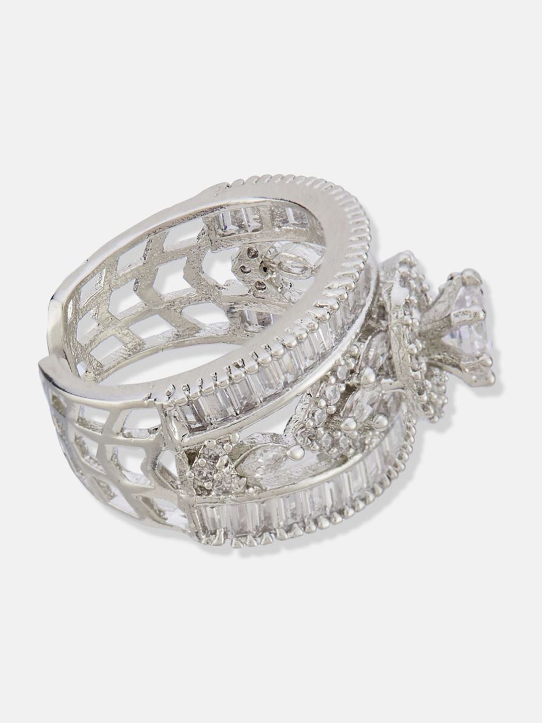 ATIBELLE Set Of 2 Silver Plated CZ Studded Finger Ring