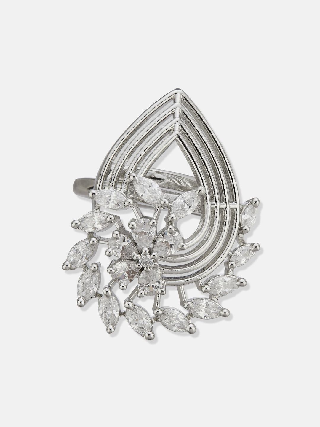 ATIBELLE Set Of 2 Silver-Plated Cubic Zirconia Studded Floral-Shaped Finger Rings