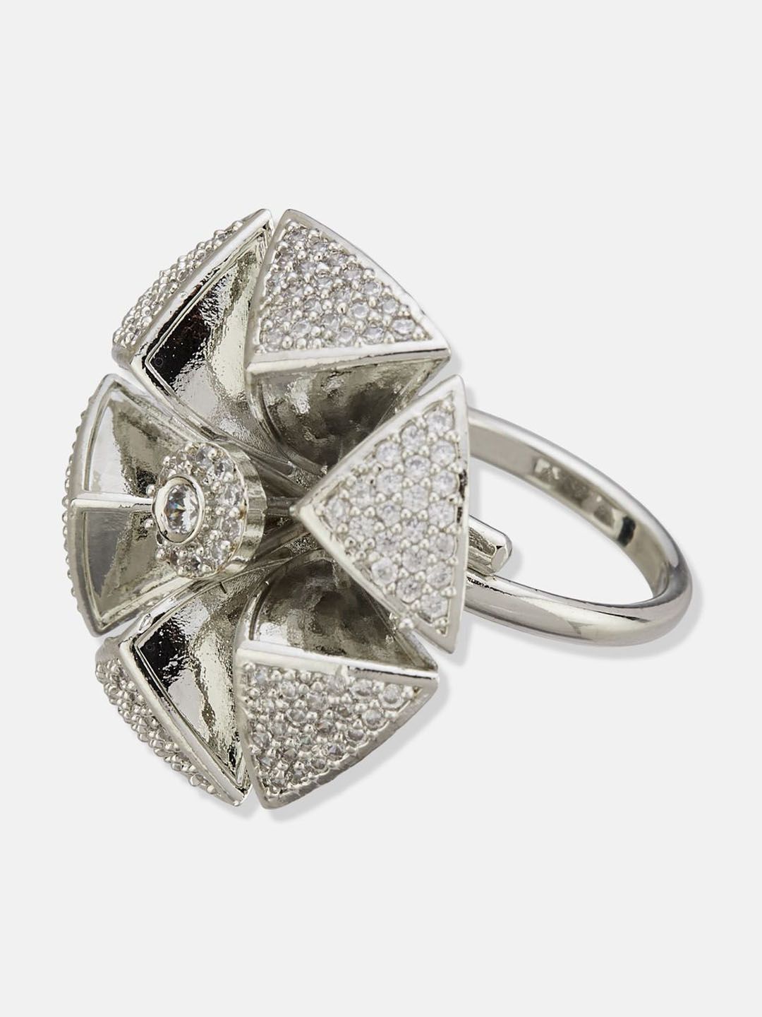 ATIBELLE Set Of 2 Silver-Plated Cubic Zirconia Studded Floral-Shaped Finger Rings
