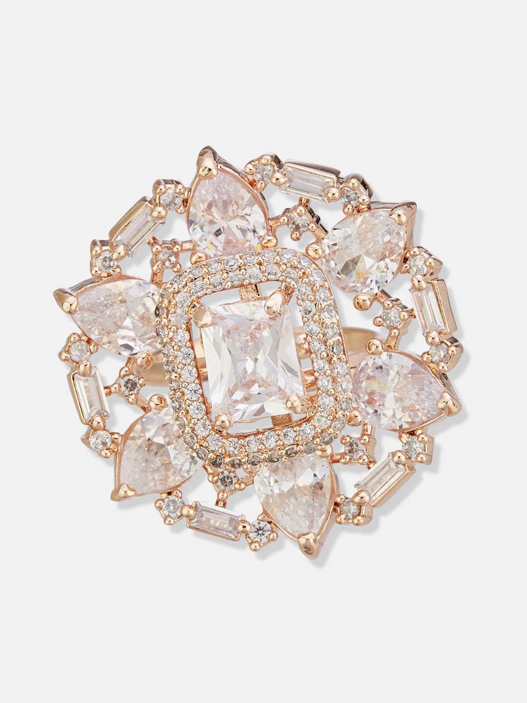 ATIBELLE Set Of 2 Rose Gold-Plated Cubic Zirconia Studded Fusion Finger Ring