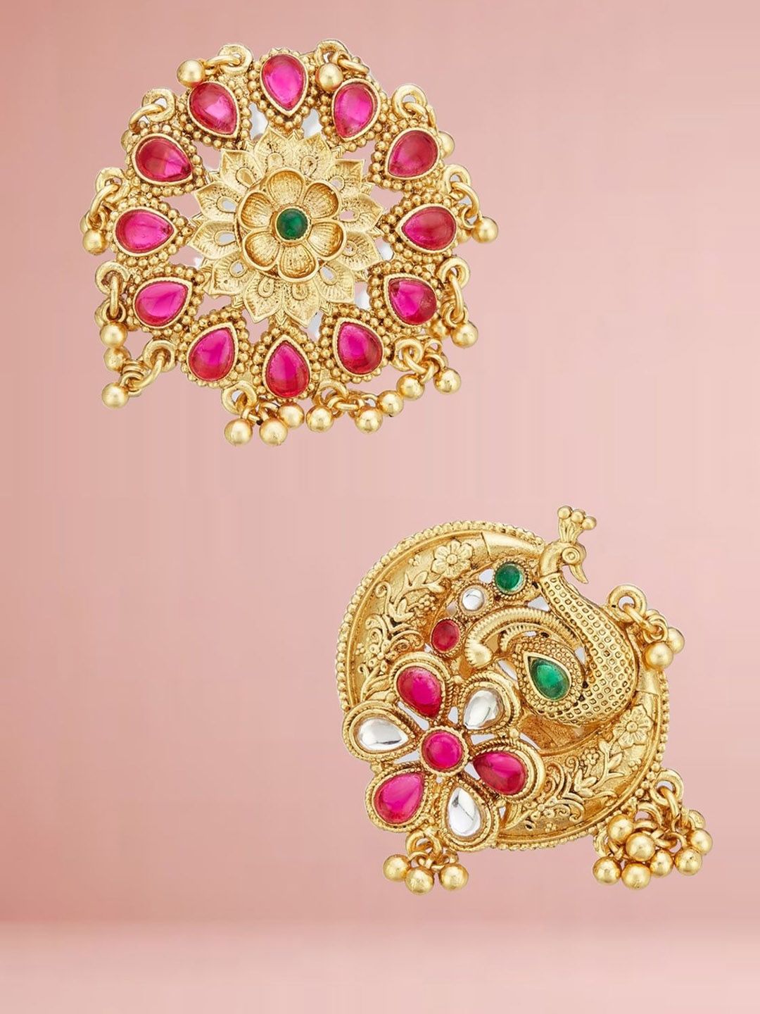 ATIBELLE Set Of 2 Gold-Plated Stone Studded & Beaded Peacock Shaped Finger Rings