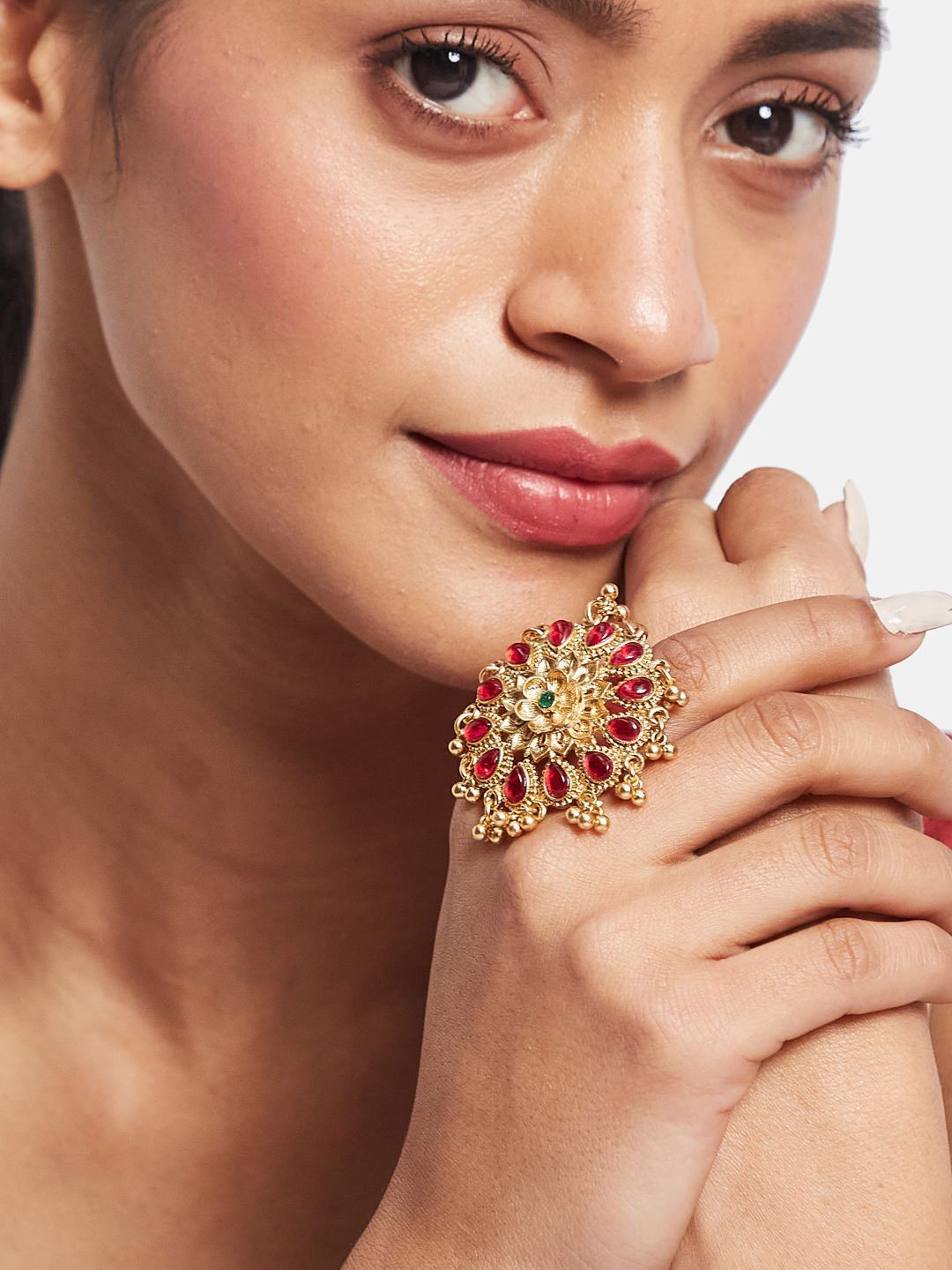 ATIBELLE Set Of 2 Gold-Plated Stone Studded & Beaded Peacock Shaped Finger Rings