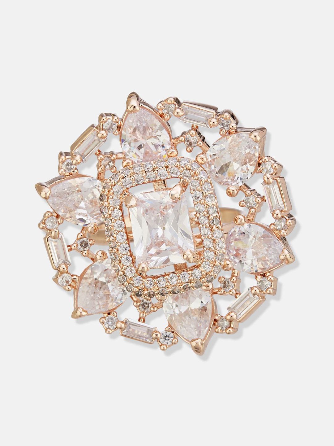ATIBELLE Set Of 2 Rose Gold-Plated Cubic Zirconia Studded Fusion Finger Rings