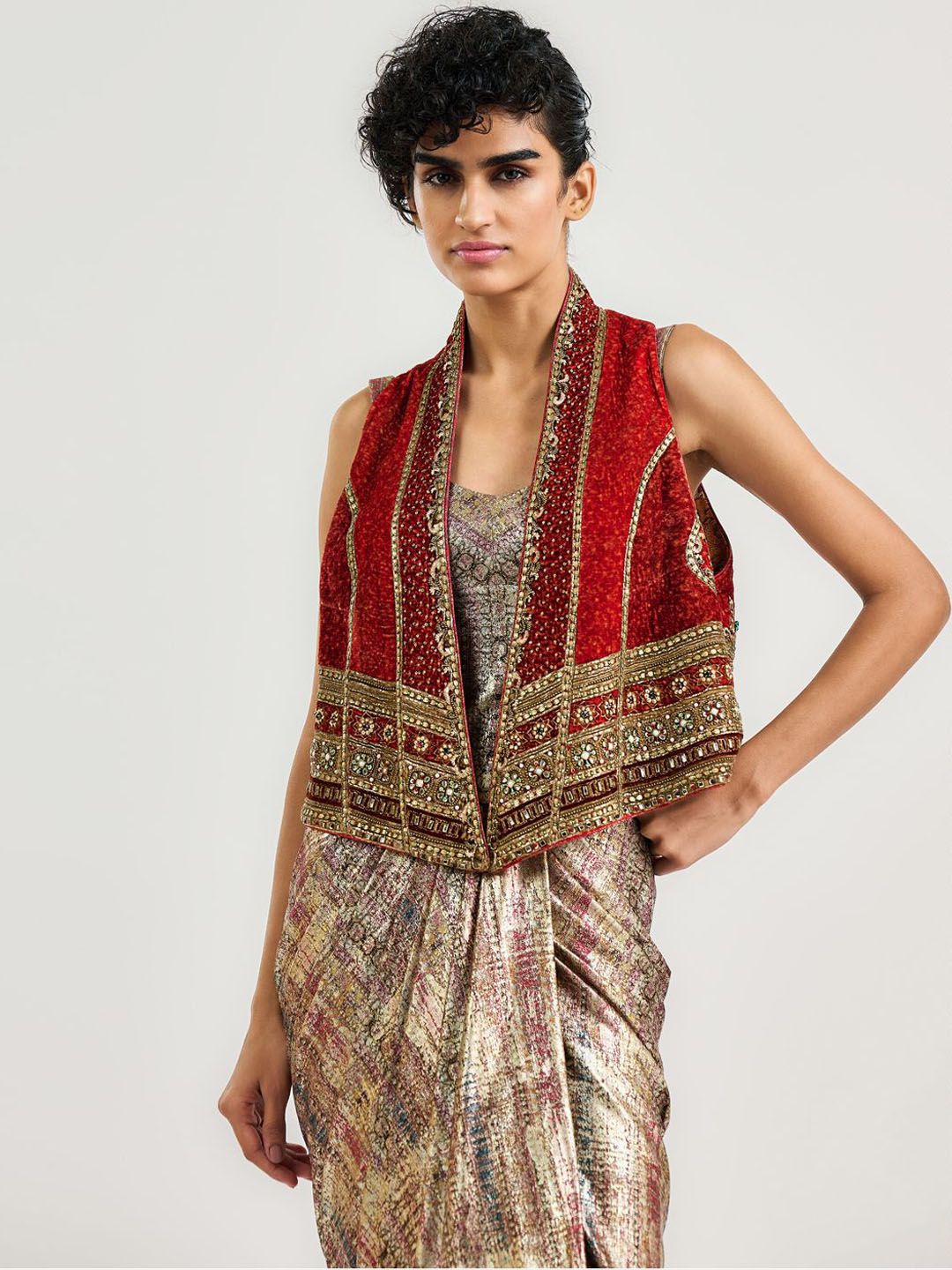 OTT Tarun Tahiliani Women Polyester Longline Open Front Jacket with Embroidered-picture-30