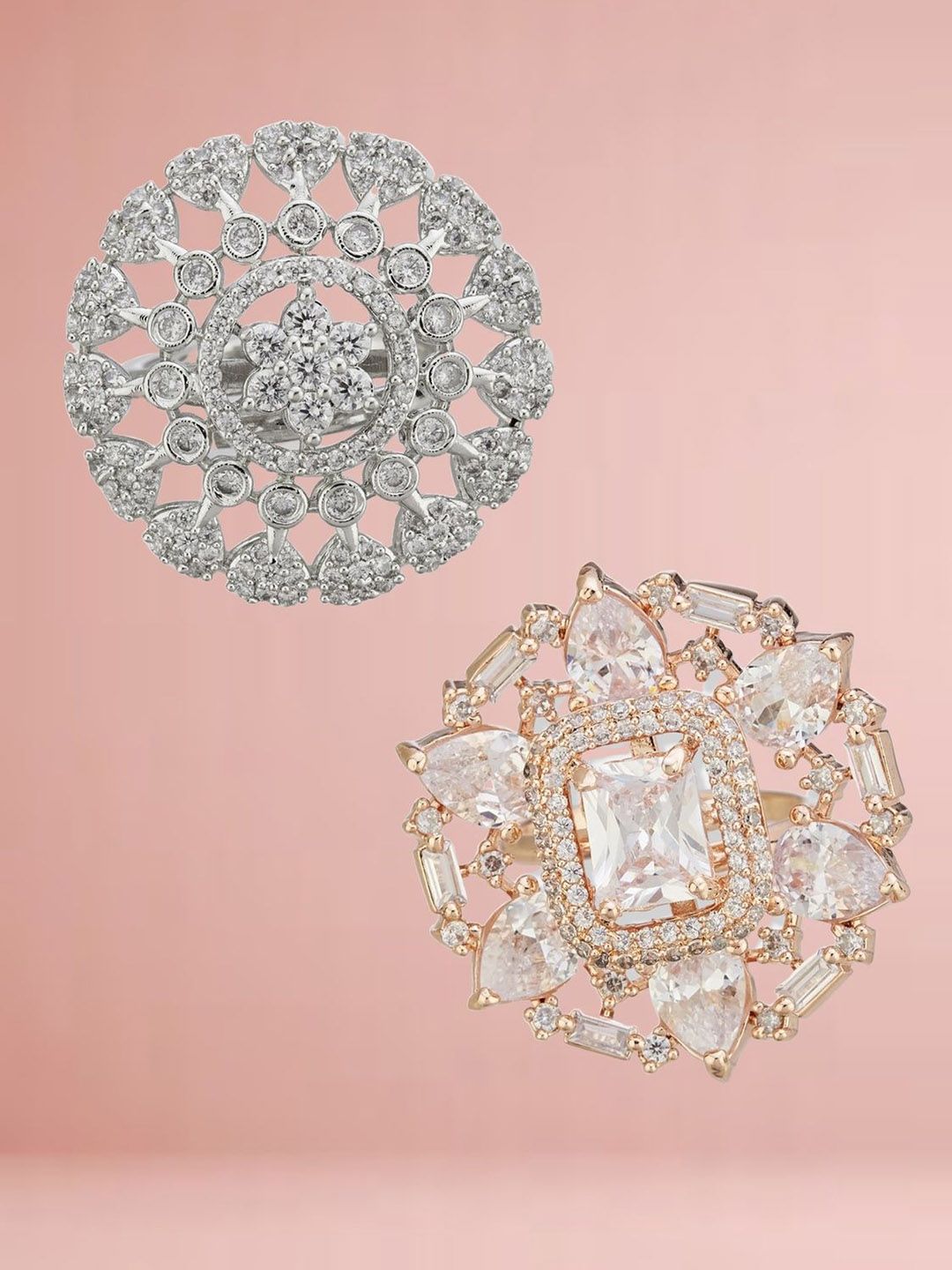 ATIBELLE Set Of 2 Rose Gold-Plated Cubic Zirconia Studded Floral Finger Ring