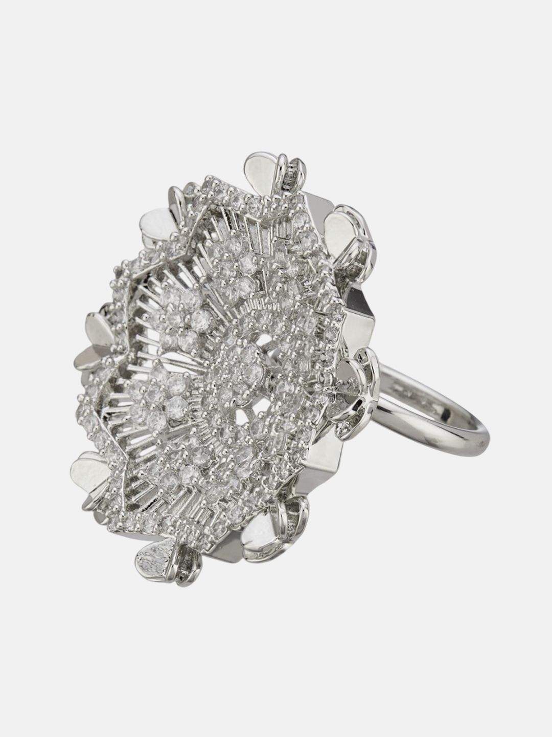 ATIBELLE Set Of 2 Silver-Plated Cubic Zirconia Studded Fusion Finger Rings