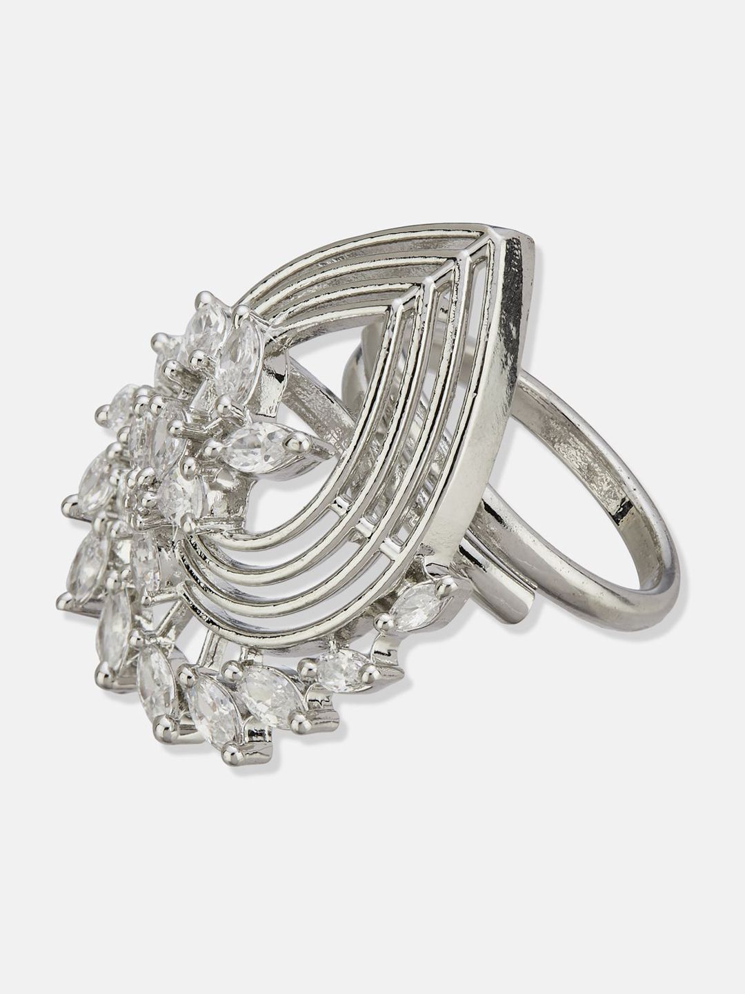 ATIBELLE Set Of 2 Silver-Plated Cubic Zirconia Studded Floral-Shaped Finger Rings