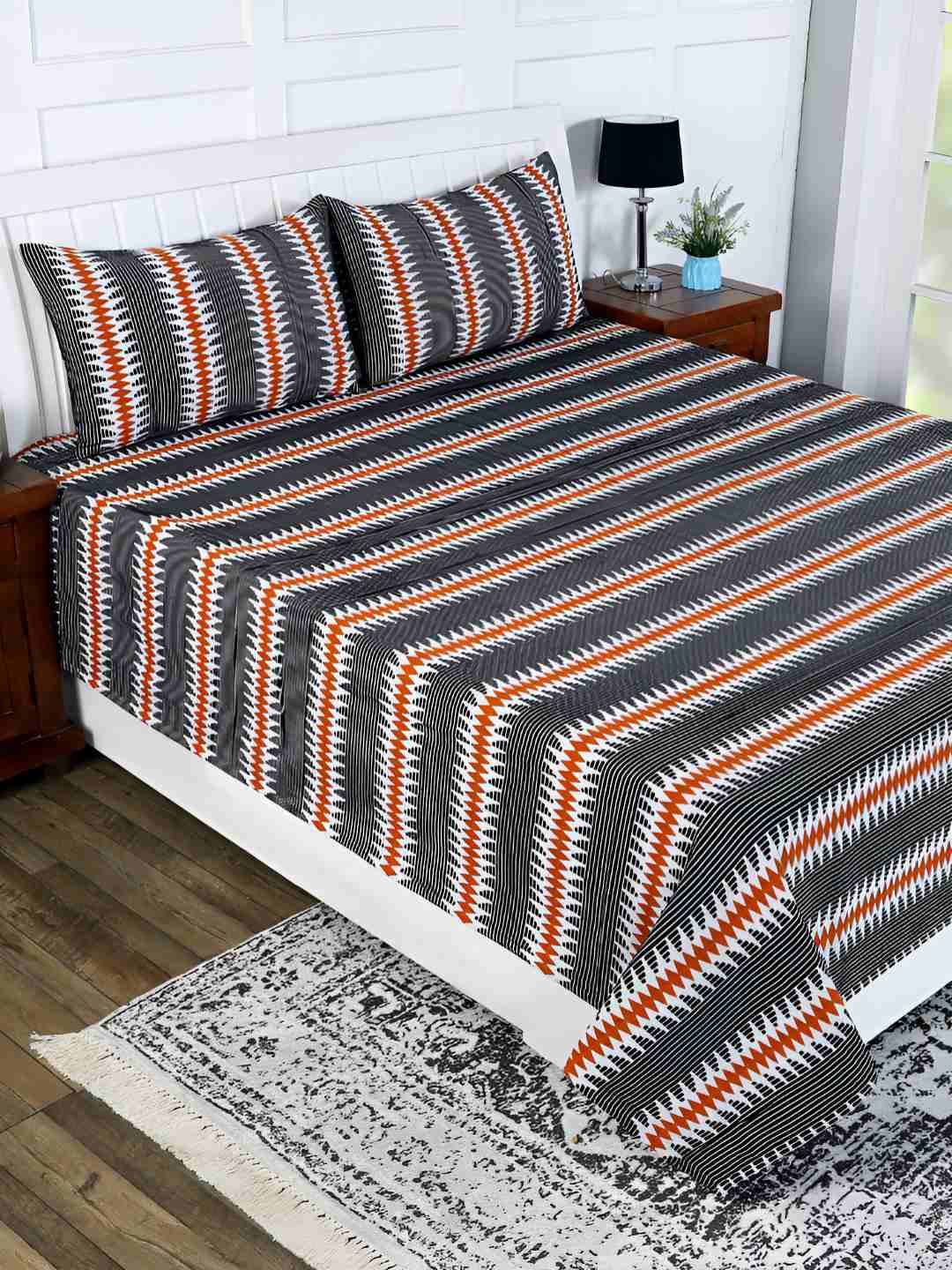 Aura Rust Brown & White Striped Cotton Double King Bed Cover-image-42