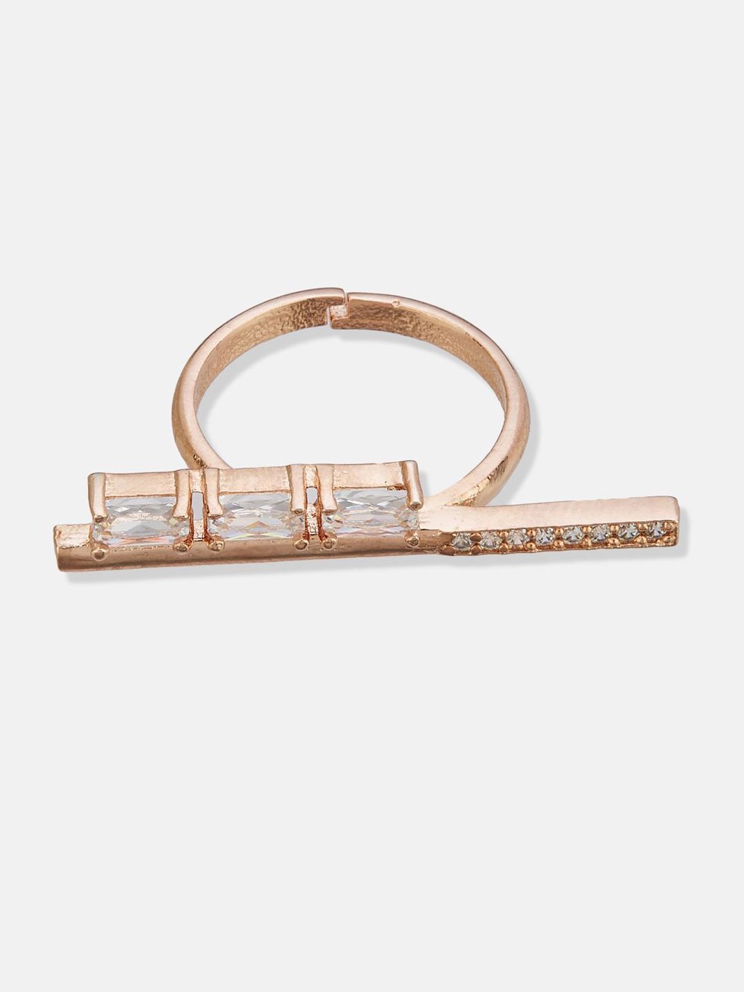 ATIBELLE Set Of 2 Rose Gold-Plated Cubic Zirconia Studded Fusion Finger Ring