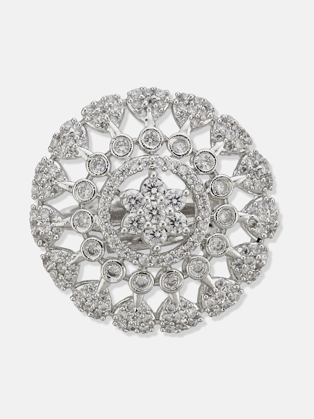ATIBELLE Set Of 2 Silver-Plated Cubic Zirconia Studded Floral-Shaped Finger Rings