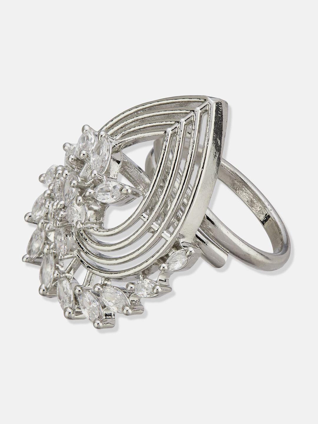 ATIBELLE Set Of 2 Silver-Plated Cubic Zirconia Studded Fusion Finger Rings