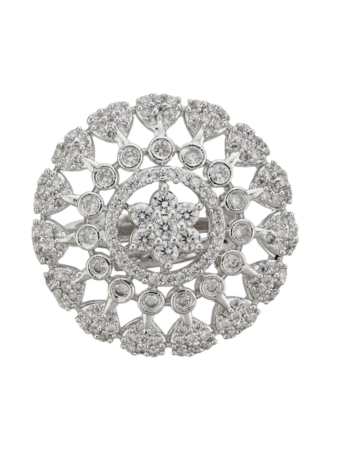 ATIBELLE Set Of 2 Silver-Plated Cubic Zirconia Studded Floral-Shaped Finger Rings