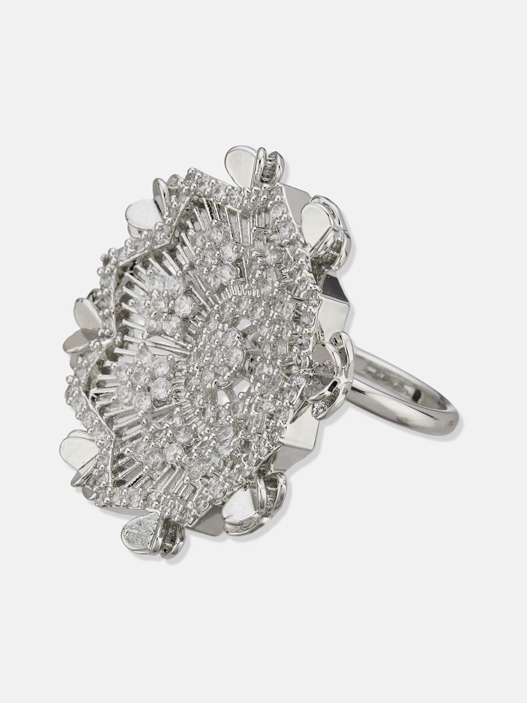 ATIBELLE Set Of 2 Silver-Plated Cubic Zirconia Studded Finger Rings
