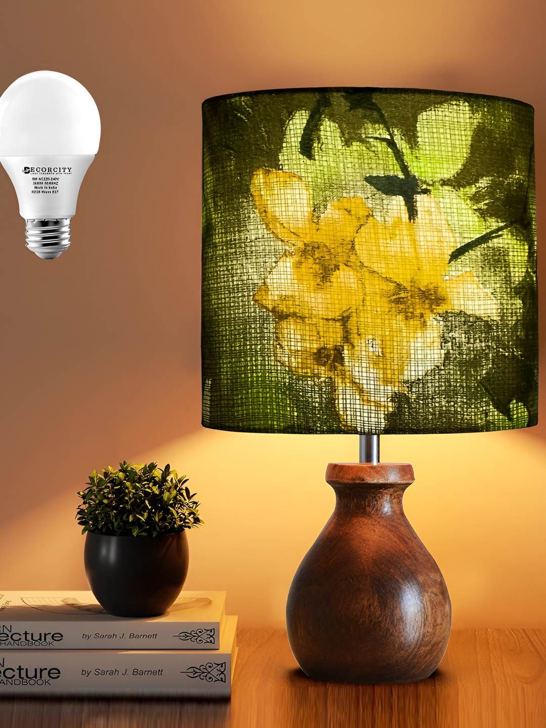 Decorcity Brown & Green Printed Wooden Cylindrical Shaped Table Lamp-image-42