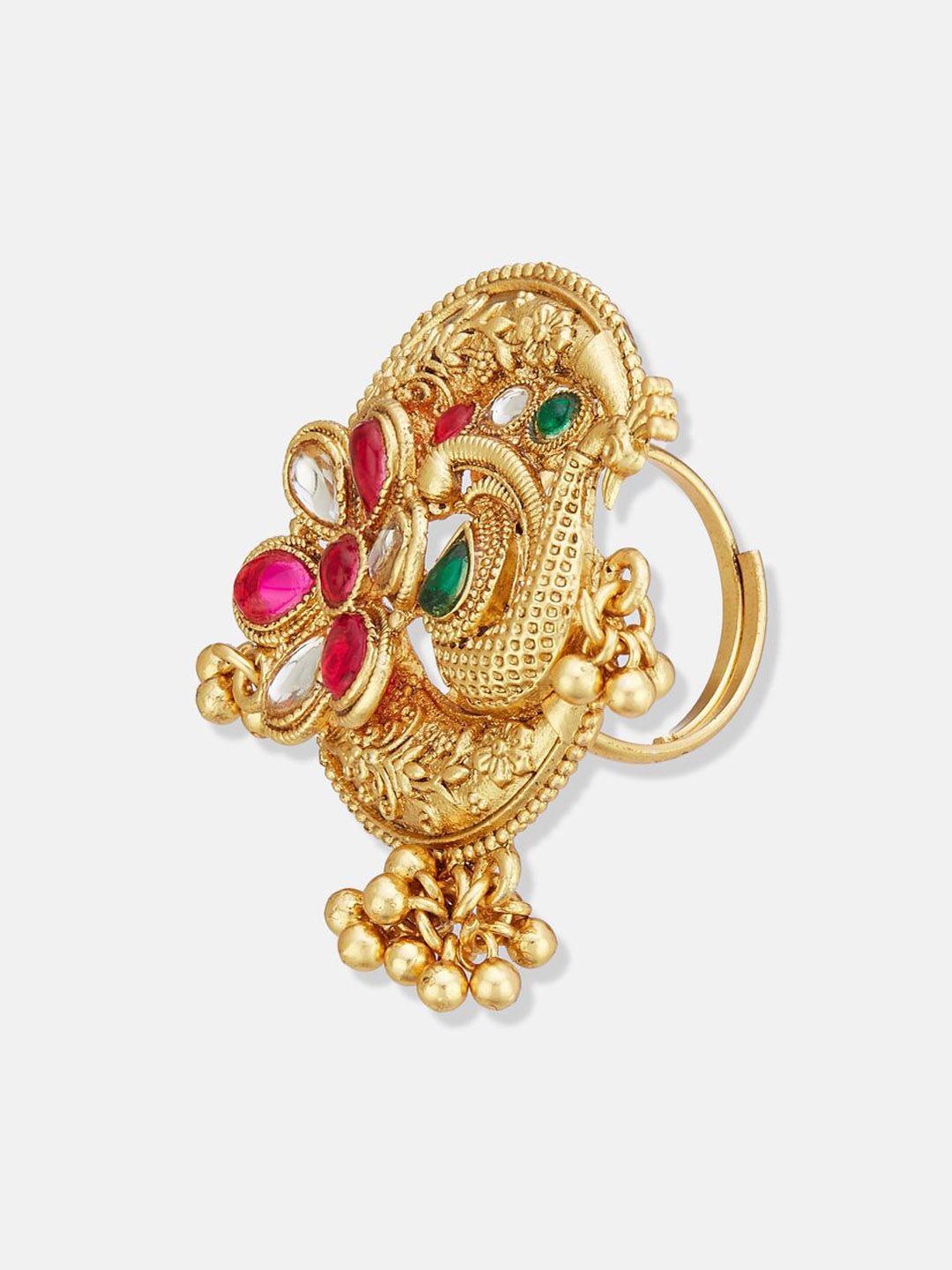 ATIBELLE Set Of 2 Gold-Plated Stone Studded & Beaded Peacock Shaped Finger Rings