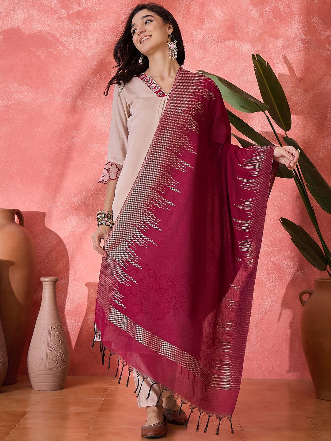 Sangria Ethnic Motifs Woven Design Silk Dupatta