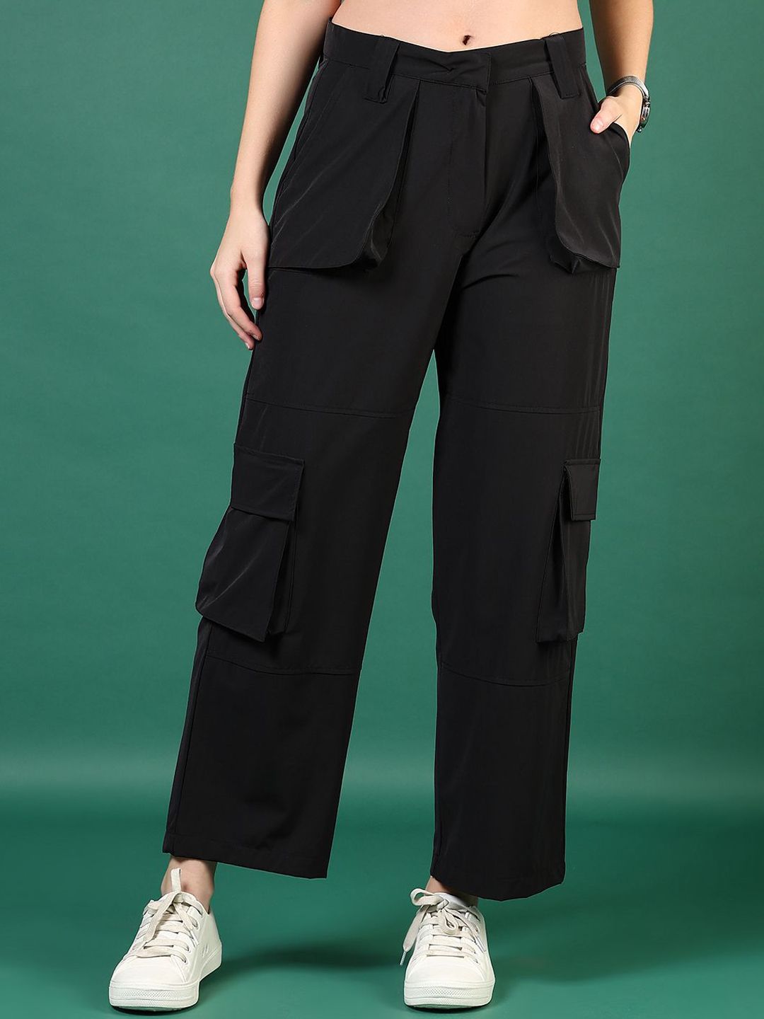 LIMEROAD Women Solid Regular Fit Mid-Rise Cargos Trousers-picture-12