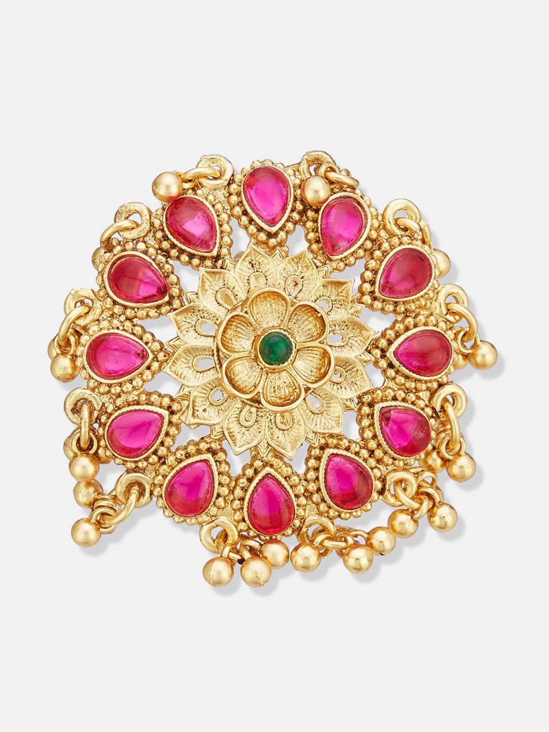 ATIBELLE Set Of 2 Gold-Plated Stone Studded & Beaded Peacock Shaped Finger Rings