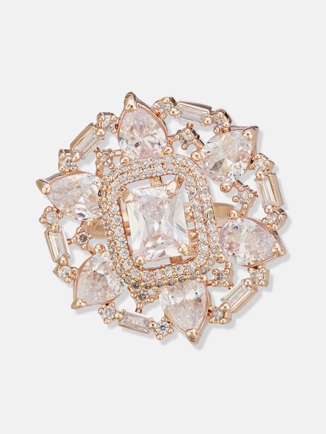ATIBELLE Set Of 2 Rose Gold-Plated Cubic Zirconia Studded Floral Finger Ring