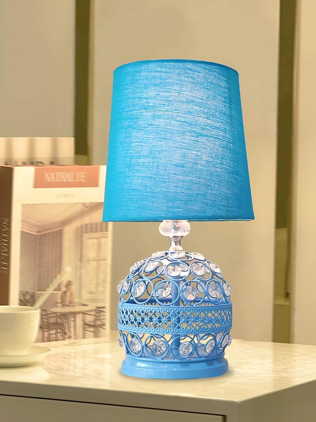 Decorcity Blue Textured Metal Traditional Cylindrical Shaped Table Lamp-picture-44