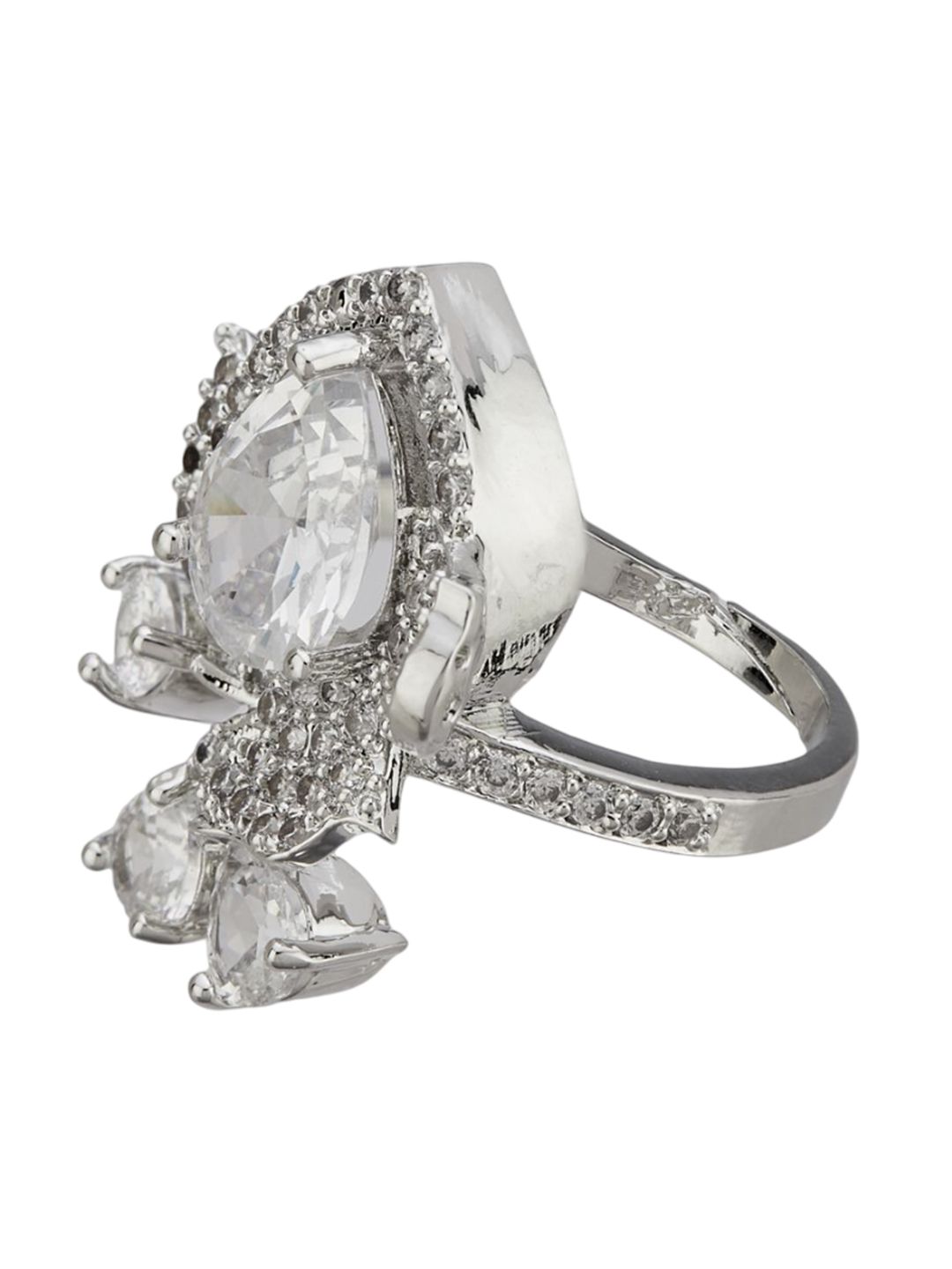 ATIBELLE Set Of 2 Silver-Plated Cubic Zirconia Studded Floral-Shaped Finger Rings