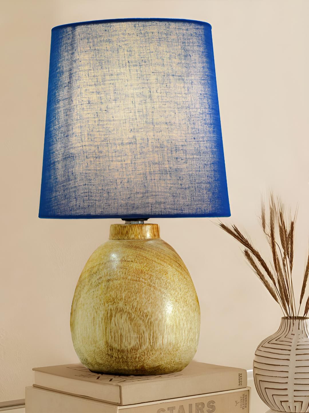Decorcity Blue & Brown Textured Wooden Cylindrical Shaped Table Lamp-image-27
