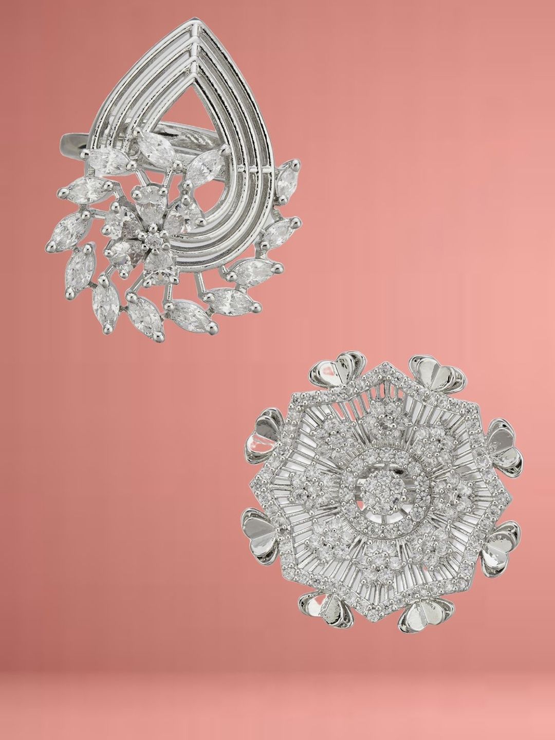 ATIBELLE Set Of 2 Silver-Plated Cubic Zirconia Studded Fusion Finger Rings