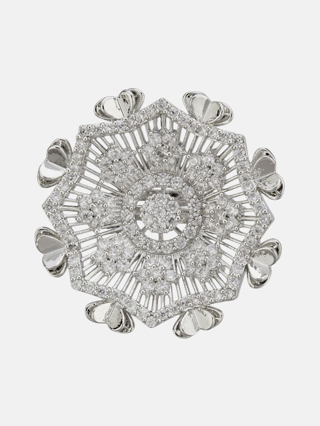 ATIBELLE Set Of 2 Silver-Plated Cubic Zirconia Studded Floral-Shaped Finger Rings