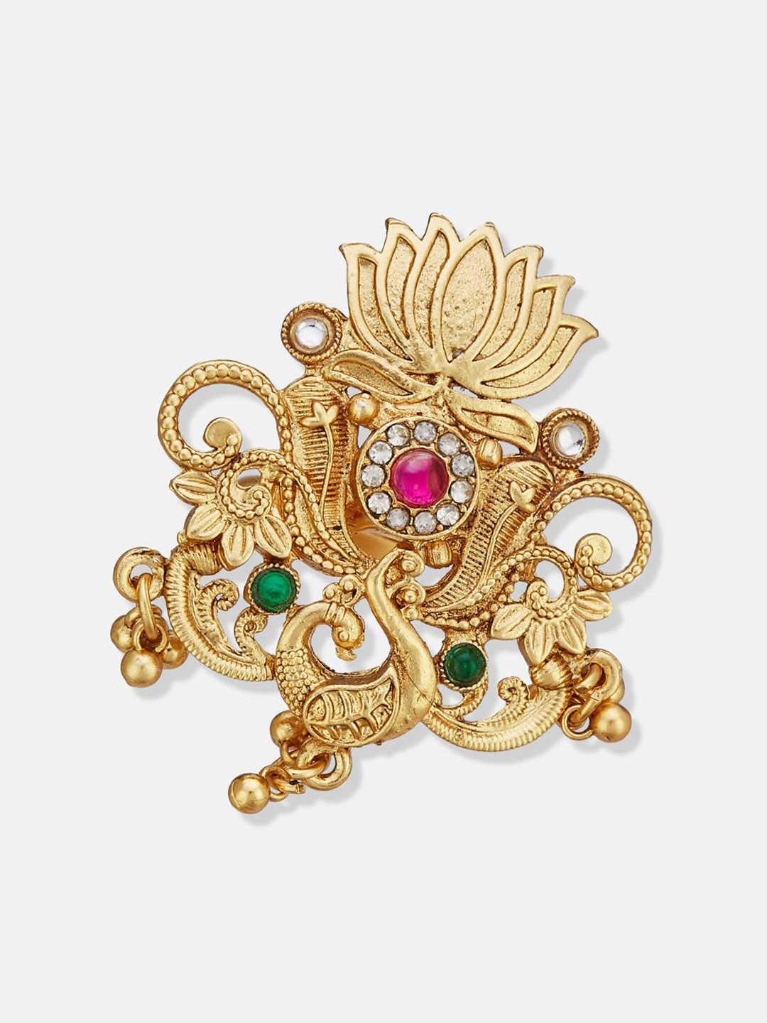 ATIBELLE Set Of 2 Gold-Plated Stone Studded & Beaded Peacock Shaped Finger Rings