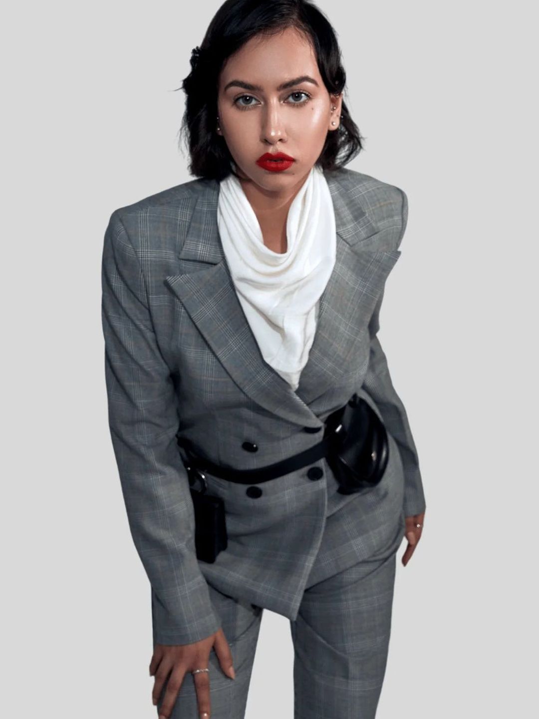 PROT-OFFICIAL Women Checked Notch Lapel Collar Wrap Blazer With Belt-picture-15