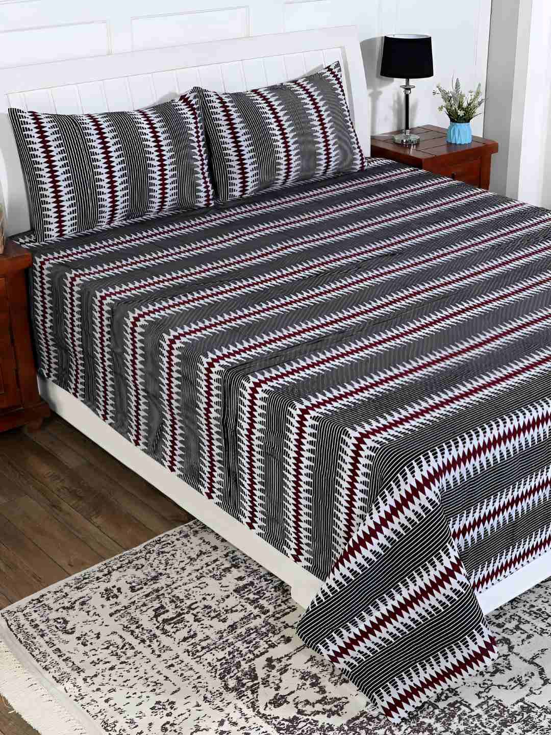 Aura Magenta & White Striped Cotton Double King Bed Cover-image-28