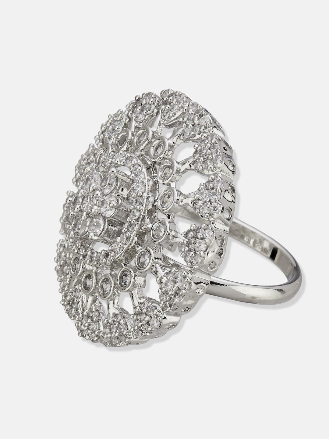 ATIBELLE Set Of 2 Silver-Plated Cubic Zirconia Studded Floral-Shaped Finger Rings