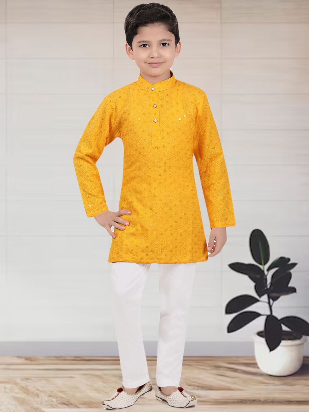 BAESD Boys Ethnic Motifs Embroidered Regular Mandarin Collar Kurta With Pyjamas-image-10