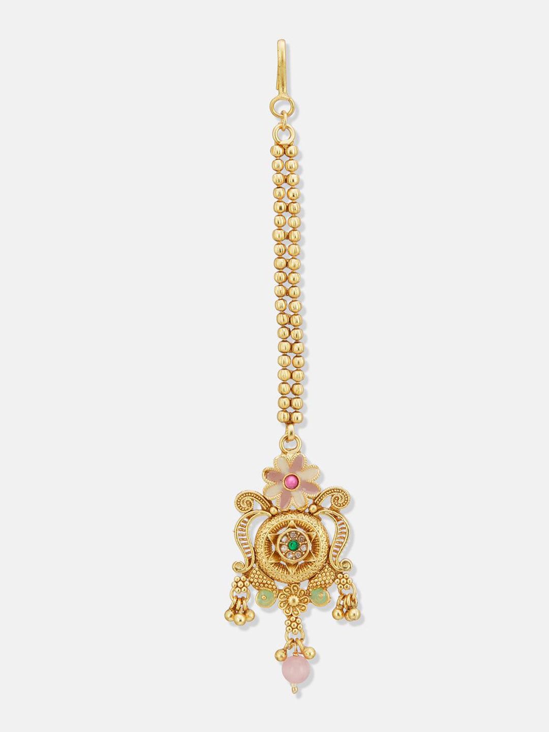 ATIBELLE Set of 2 Gold-Plated Stone Studded and Rajasthani Borla Beaded Maang Tikkas
