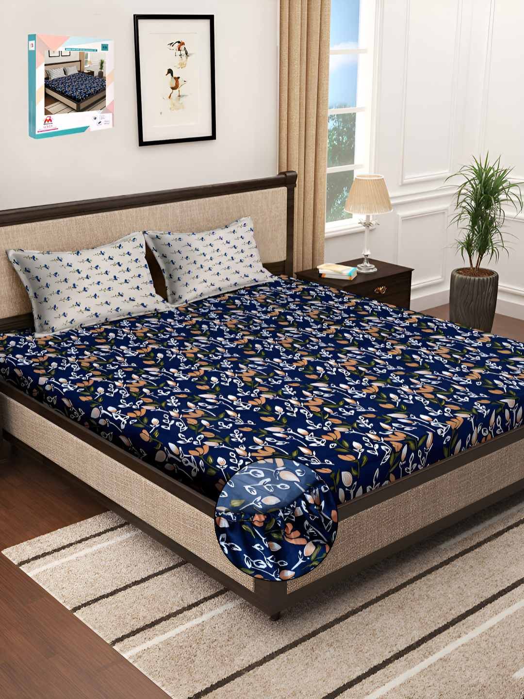 Myntra Elegant Homes Navy Blue Floral Printed Fitted 300 TC Super King Bedsheet With 2 Pillow Cover-picture-15