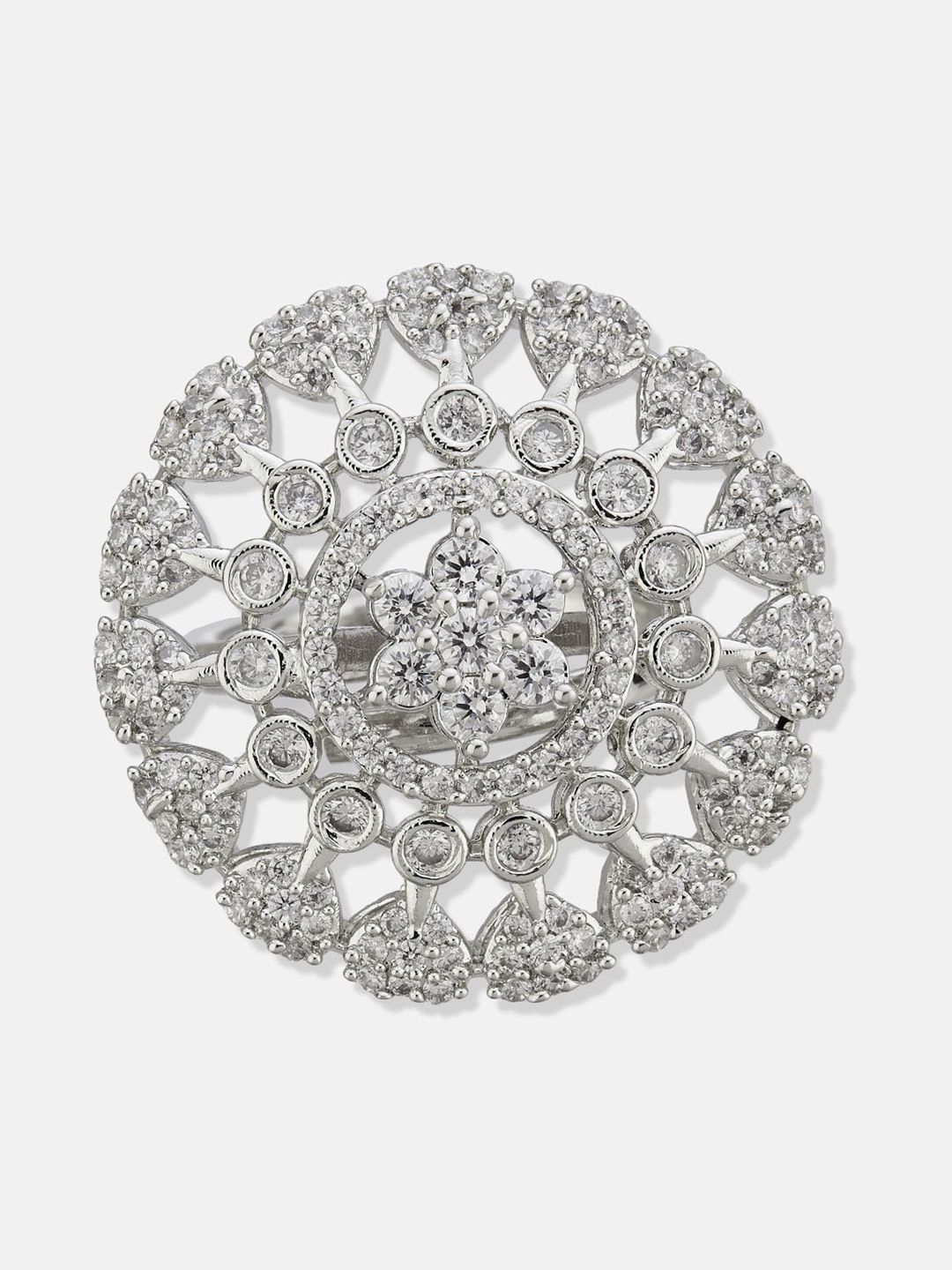 ATIBELLE Set Of 2 Silver-Plated Cubic Zirconia Studded Floral-Shaped Finger Rings