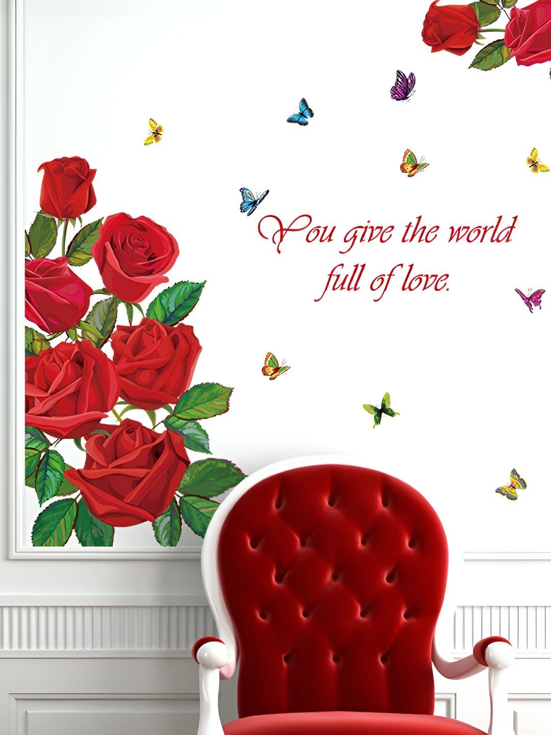 INDIAN ROYALS White Red Rose With Colorful Butterflies Self Adhesive Wall Sticker-picture-32