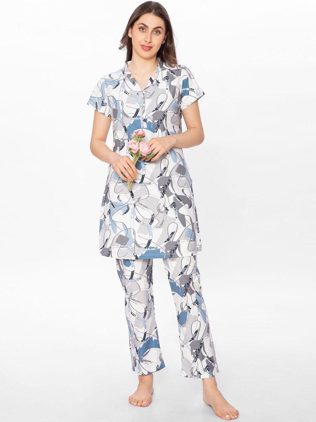 Hautemoda Pure Cotton V-Neck Printed Night Suit-picture-47