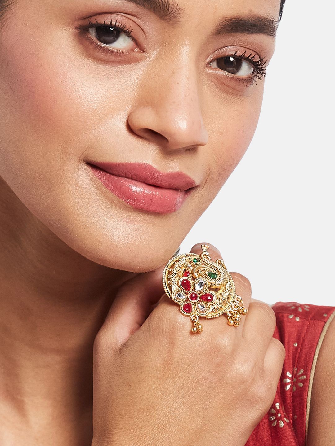 ATIBELLE Set Of 2 Gold-Plated Stone Studded & Beaded Peacock Shaped Finger Rings
