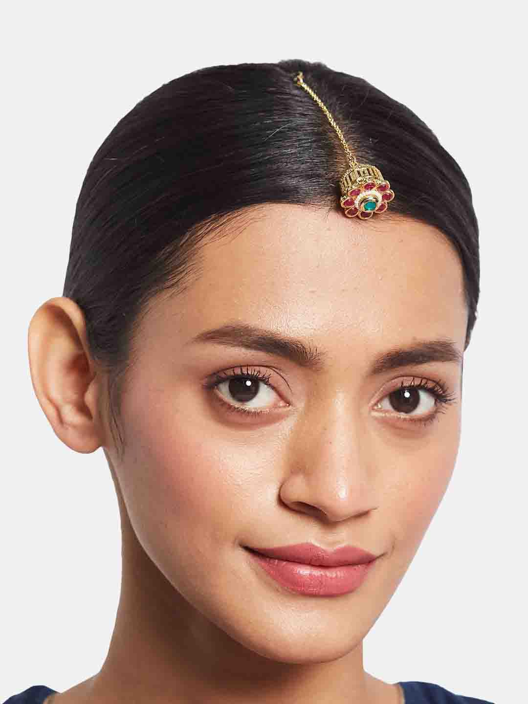 ATIBELLE Set of 2 Gold-Plated Stone Studded and Rajasthani Borla Beaded Maang Tikkas