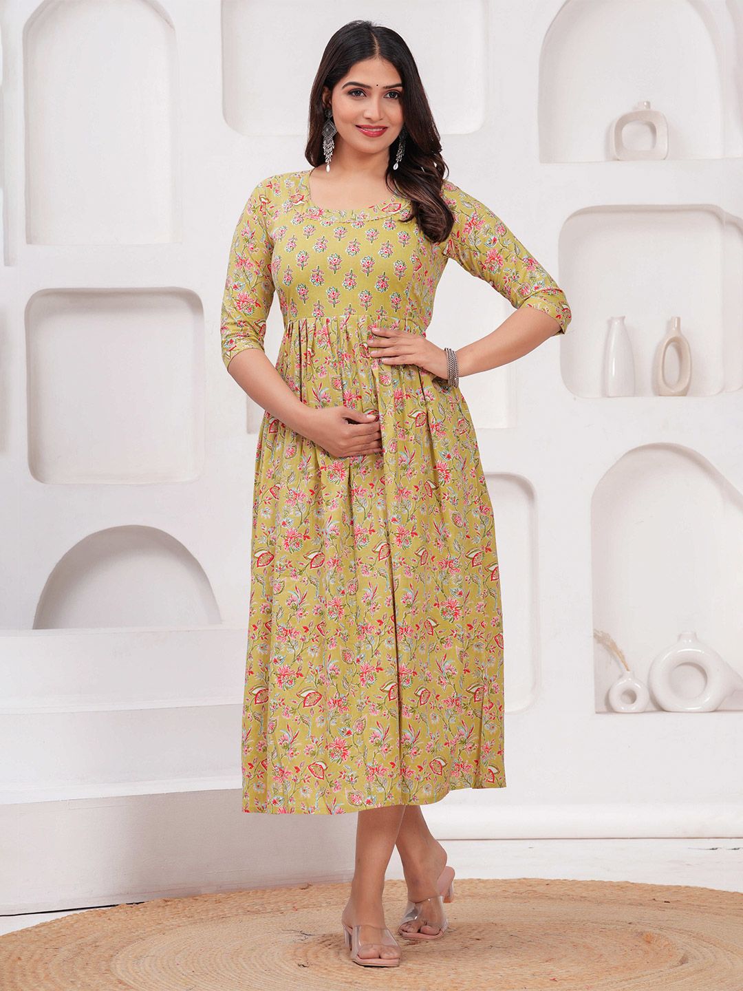 mad fury Women Floral Printed Maternity Cotton A-Line Midi Dress